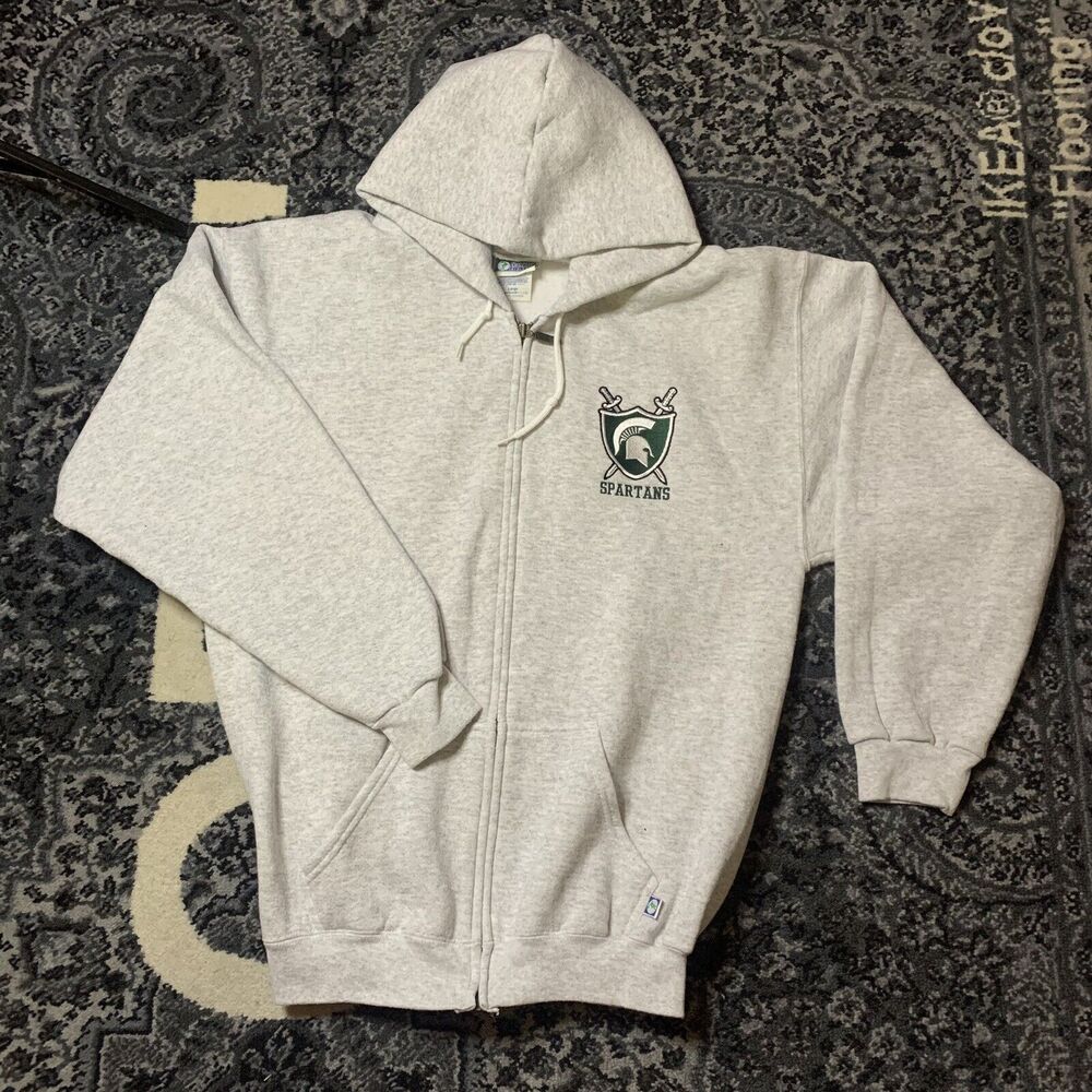 Vintage‎ 90s Discus Essential Gray Michigan Spartan Zip Up Hoodie size L Rare
